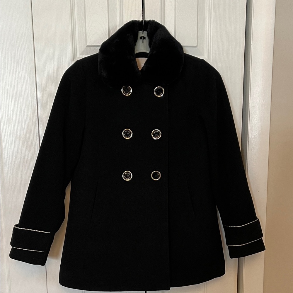 Michael Kors Elegant Black Pea Coat with Plush Collar